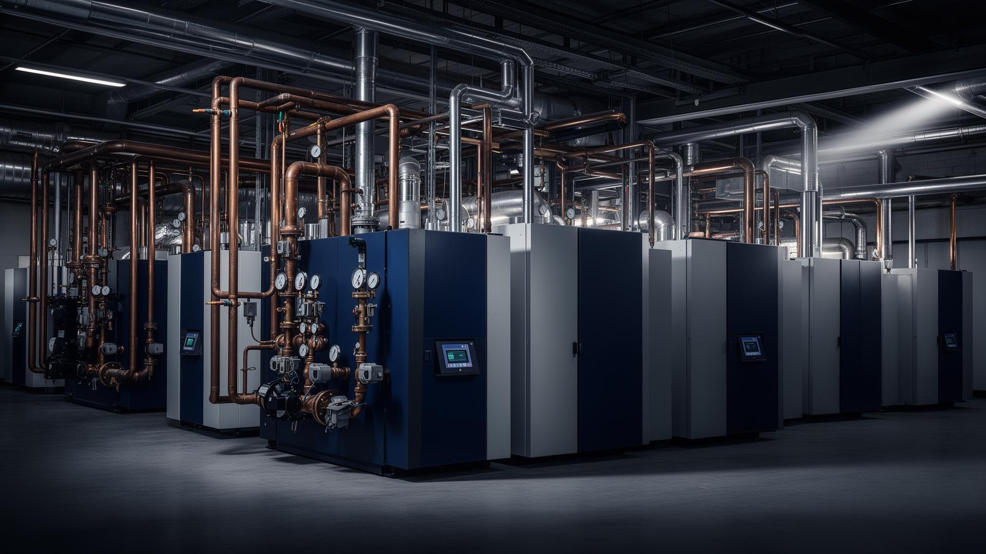 Commercial plant room with boilers and pipework